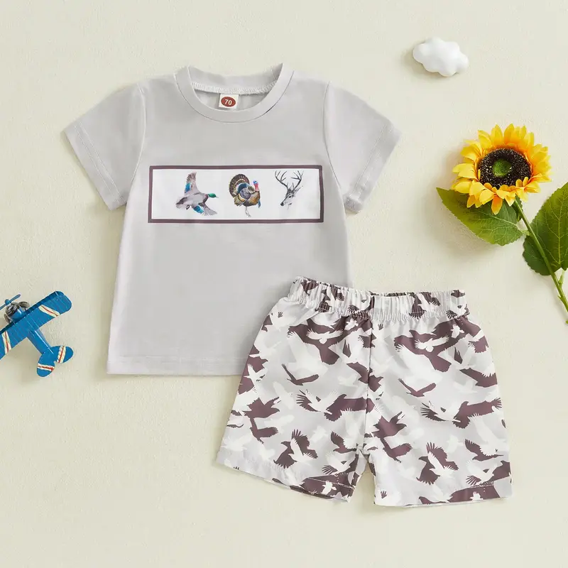 Baby Toddler Boy Shorts Set Short Sleeve T-shirts Duck Print Elastic Waist Shorts Farm Clothes 2 Piece Summer Set