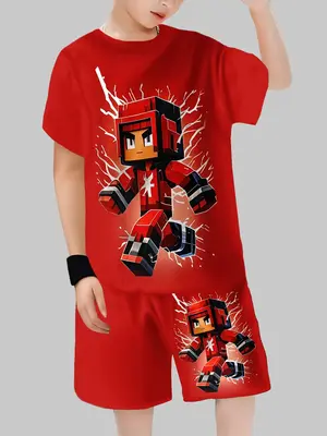 Boys' Geometric Pattern Short Sleeve Set, Casual Daily Wear, Comfortable Fabric, Perfect for School & Play, Stylish Kids, Clo...