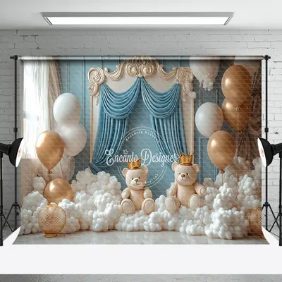 Aperturee Blue White Fairy Bear Balloons Cake Smash Backdrop | Backdrop Photography Ideas | Photography Photo Background | Ph...