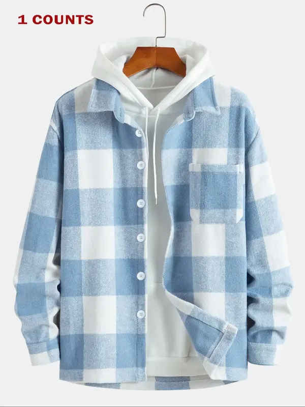 Men's Plaid Print Button Front Jacket without Hoodie, Loose Casual Drop Shoulder Long Sleeve Collar Outerwear for Fall & Wint...