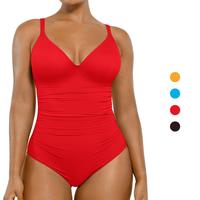 Shapellx Womens' V-neck One-piece Swimsuit  Back Drawstring Triangle-Cut Bottom Customizable Shoulder Band Removable Chest Pa...
