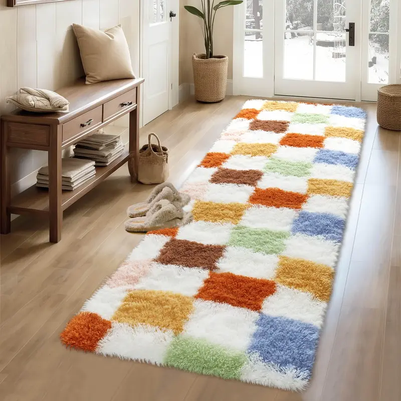 Garvee Checkered Runner Rug 2x6 Plush Fuzzy Rugs for Bedroom Hallway, Colorful Modern Shag Rug Super Soft Runner Carpet Washa...