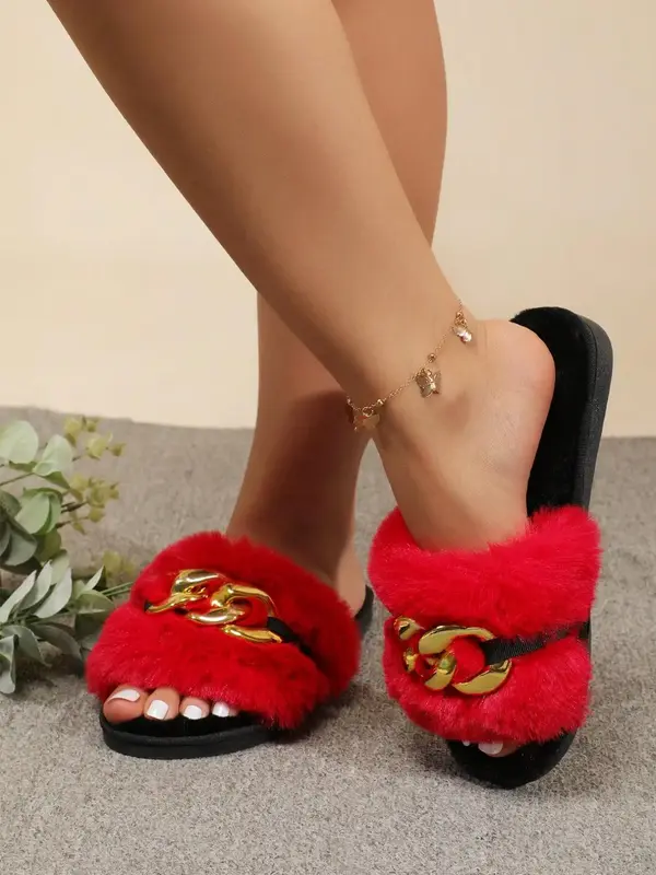 Women's Minimalist Fluffy Chain Decor Slide Slippers, Footwear, Girls Slide Shoes, Casual Soft Fuzzy Home Slippers, Anti-slip...