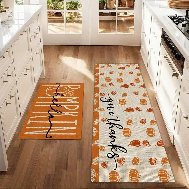 2Pcs Autumn Watercolor Pumpkin Thanksgiving Floor Mat Set Art Sketch Printed Carpet Farmhouse Anti Fatigue Kitchen Carpet Win...