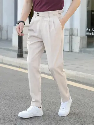 Men's Tartan Print Plicated Pocket Straight Leg Suit Pants, Slim Business Streetwear Adjustable Zipper Fly Trousers for Work...