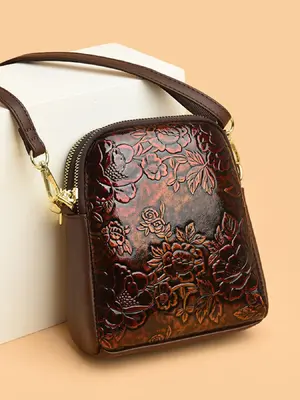 Women's Floral Embossed PU Leather Crossbody Bag, Fashionable Zipper Shoulder Bag for Daily Used, Casual Trendy Versatile Hig...