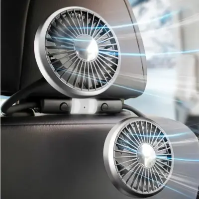 USB Car Fan, 360° Rotatable Cooling Fan with LED Light, Dual Rear Fan for Children Individually Controlled Head and Gear, Ca...