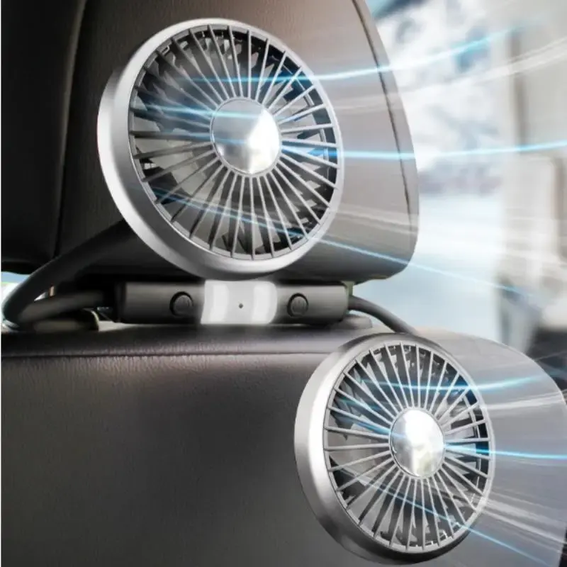 USB Car Fan, 360° Rotatable Cooling Fan with LED Light, Dual Rear Fan for Children Individually Controlled Head and Gear, Ca...