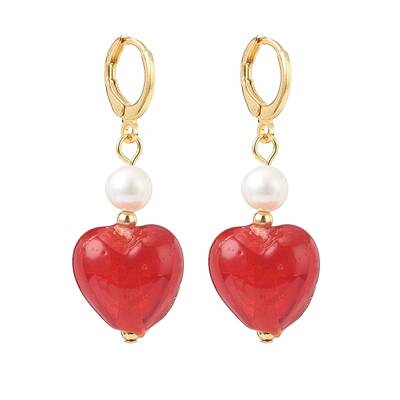 Red Glass Heart with Natural Pearl Dangle Leverback Earrings