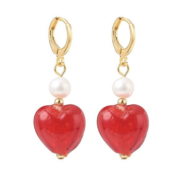 Red Glass Heart with Natural Pearl Dangle Leverback Earrings