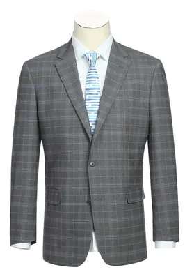 Classic Fit Men's Two-Button Suit - Dark Grey & Lavender Windowpane Plaid