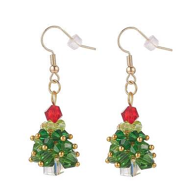 Glass Braided Beaded Christmas Tree Dangle Earrings
