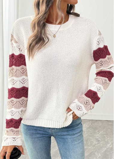 Modlily White Long Sleeve Round Neck Sweater - M