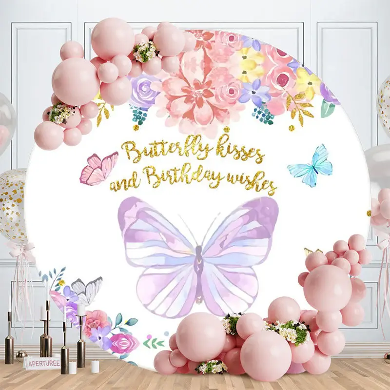 Aperturee Circle Floral And Butterfly Birthday Backdrop