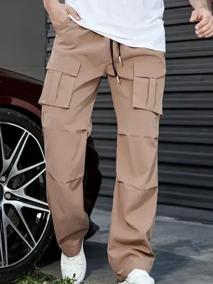 Men's Thin Plain Flap Pocket Drawstring Elastic Waist Cargo Pants, Loose Straight Leg Trousers for Men, Men's Trousers for S...