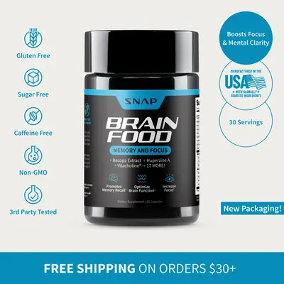 Snap Supplements - Brain Food - 30 Servings - Natural Supplement Capsules Edible Dietary