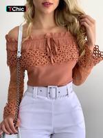 Women's Off The Shoulder Contrast Lace Frill Trim Blouse, Retro Flounce Sleeve Tie Front Top for Spring & Fall, Women's Long ...