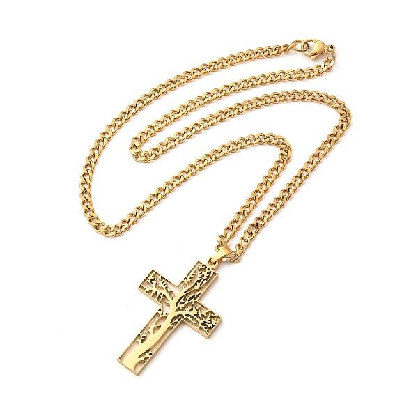 304 Stainless Steel Cross with Tree of Life Pendant Necklaces