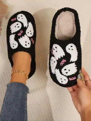 Women's Cute Cartoon Ghost Pattern Plush Slippers, Casual Soft Comfortable Home Slippers, Halloween Themed Bedroom Slippers, ...