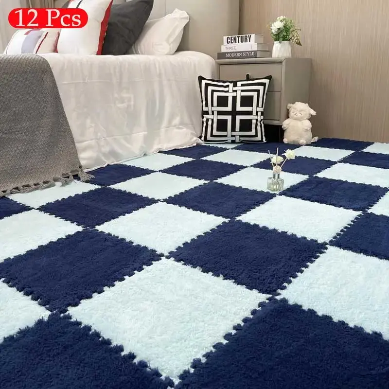 Checkerboard Pattern Floor Mat, 12pcs/set Soft Comfortable Puzzle Floor Mat, Non-slip Area Rug, Decorative Carpet for Home Li...