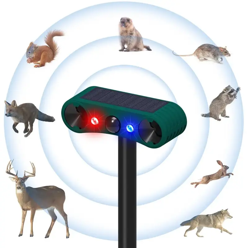 Ultrasonic Solar Animal Infrared Induction Alarm, Outdoor Animal Repellent Device with Red & Blue Flashing Light, Security Al...