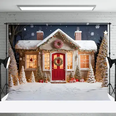 Aperturee Snowy Red Door Sweet House Tree Christmas Backdrop