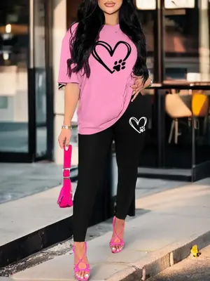 Two-Piece Set Heart Print Shortsleeve T-shirt & Elastic Waist Leggings Matching Sets, Workout Set, Spring Summer Comfort Sui...
