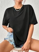 Women's Round Neck Drop Shoulder Polyester Jersey Tee, Soft Casual Fitted Half Sleeve Crew Neck T-shirt, Back To School Outfi...