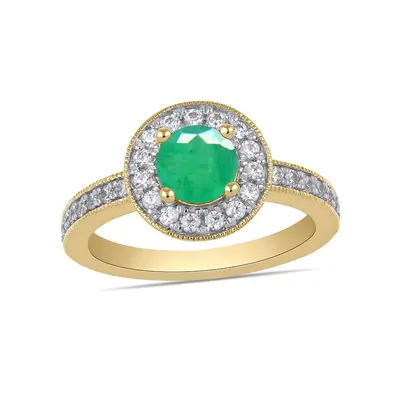 10K Gold Round Cut Emerald & 0.4 CT.T.W. Diamond Frame Vintage Style Engagement Band