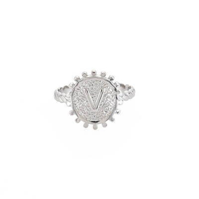 Non-Tarnish 304 Stainless Steel Flat Round with Initial Letter Open Cuff Ring for Men Women