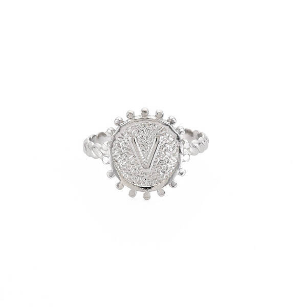 Non-Tarnish 304 Stainless Steel Flat Round with Initial Letter Open Cuff Ring for Men Women