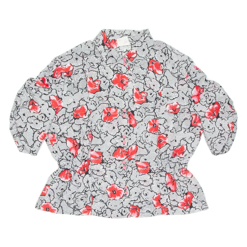 TEBA Womens Printed Blouse Grey Collared Floral L