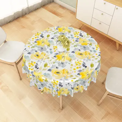 Aperturee Elegant Yellow Flowers Green Trim Wave Tablecloth, Dia 4 ft / 1.2 m, 26.22 USD, round tablecloths, ZJY04607-B
