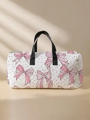 2025 New Style Quilted Bow Pattern Duffle Bag, Large Capacity Travel Bag, Portable Overnight Bag with Shoe Storage, Fashionab...