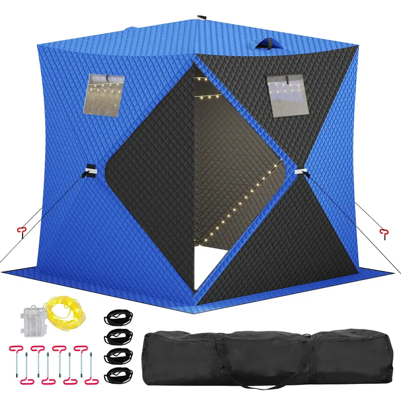Garvee Insulated Pop-Up Ice Fishing Tent – 3-4 Person Shelter with 49ft LED Light Strip, Windproof, Easy Setup, Windows, Zi...