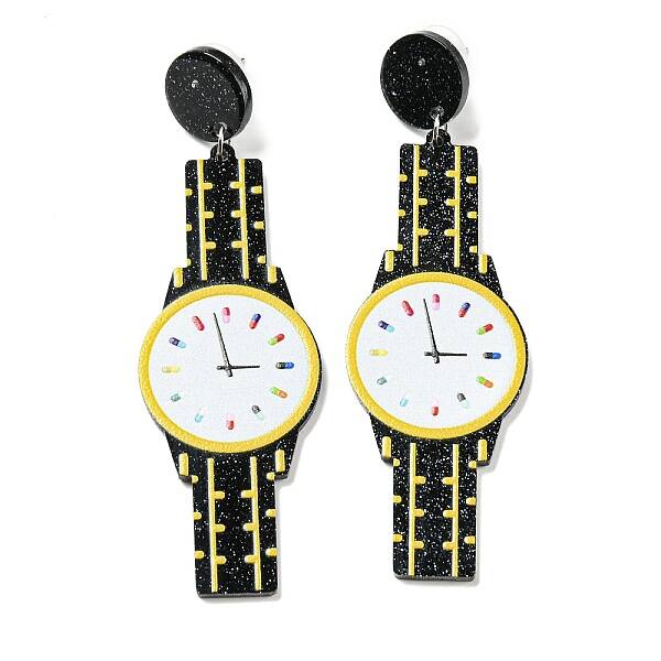 Sparkling Acrylic Watch Dangle Stud Earrings with 304 Stainless Steel Pins