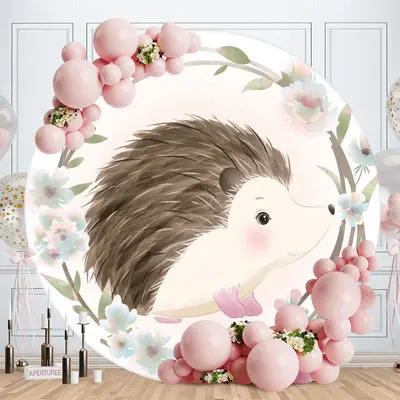 Aperturee Hedgehog And Blue Floral Round Baby Shower Backdrop