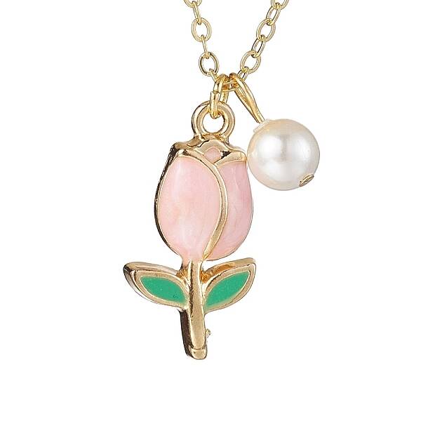 Alloy Enamel Tulip & Round Shell Pearl Pendants Necklaces