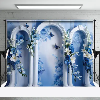 Aperturee Fine Art Blue White Wall Floral Butterfly Backdrop