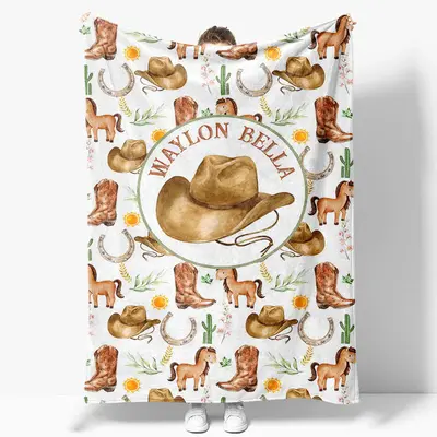White Wild Repeated Cowboy Foal Custom Name Blanket - Aperturee