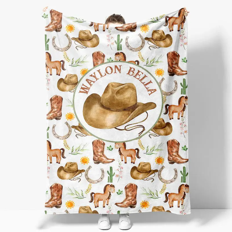 White Wild Repeated Cowboy Foal Custom Name Blanket - Aperturee