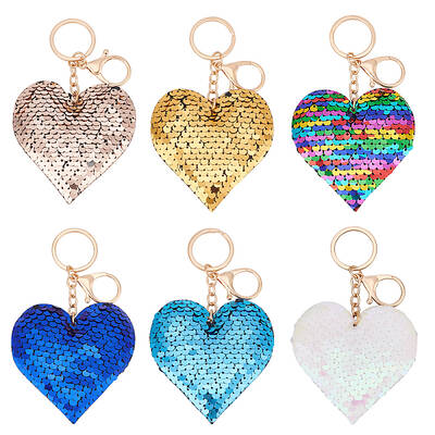 6Pcs 6 Colors Valentine's Day Sequin Heart Pendant Keychain