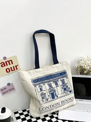 Women's Fashion Letter Print Design Tote Bag, Large Capacity Shopping Bag for Travel, Casual All-match Commuter Bag for Work ...