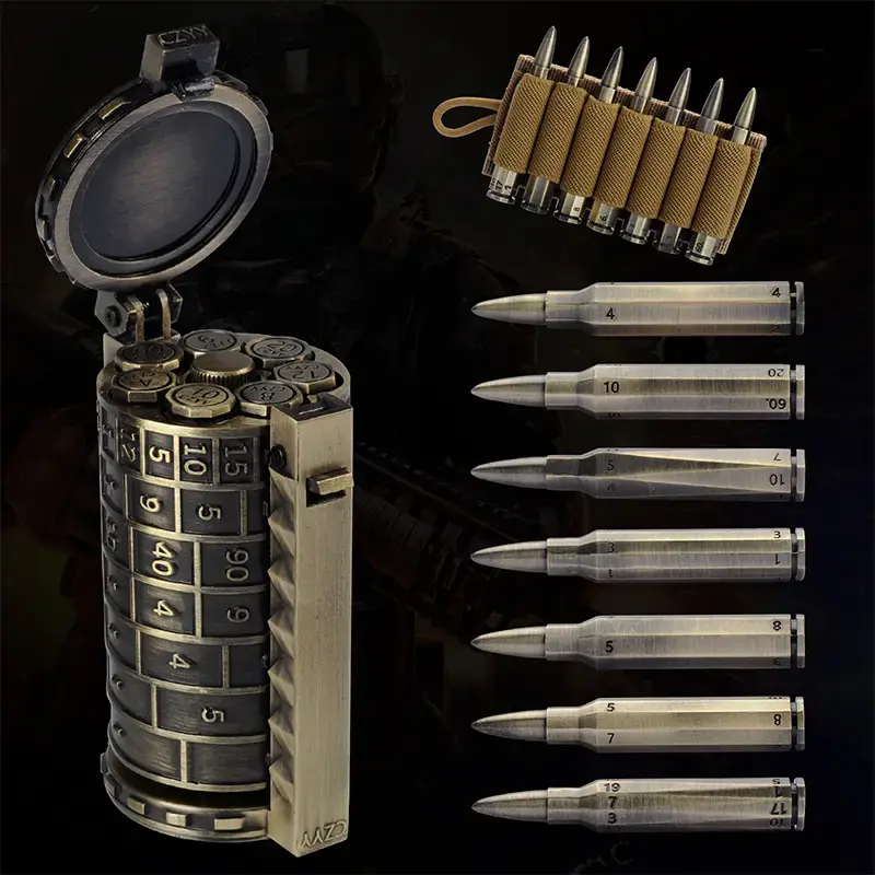 Rifle Bullet Dice Set - Solid Metal 7 Polyhedral Dice Set with Spinning Container Case & Cartridge Holder Belt - Perfect Role...