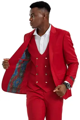Red Men's Suit with Gold Buttons - One Button Peak Lapel Vested