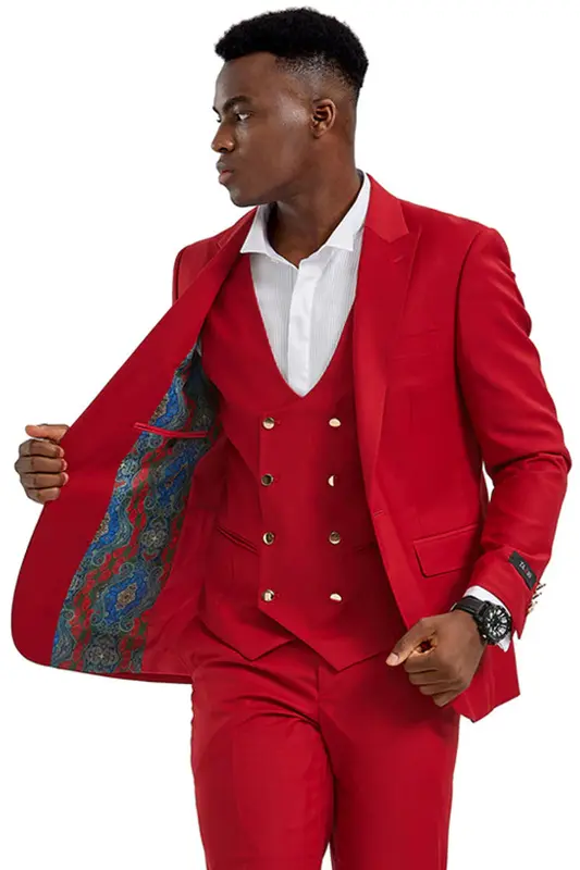 Red Men's Suit with Gold Buttons - One Button Peak Lapel Vested