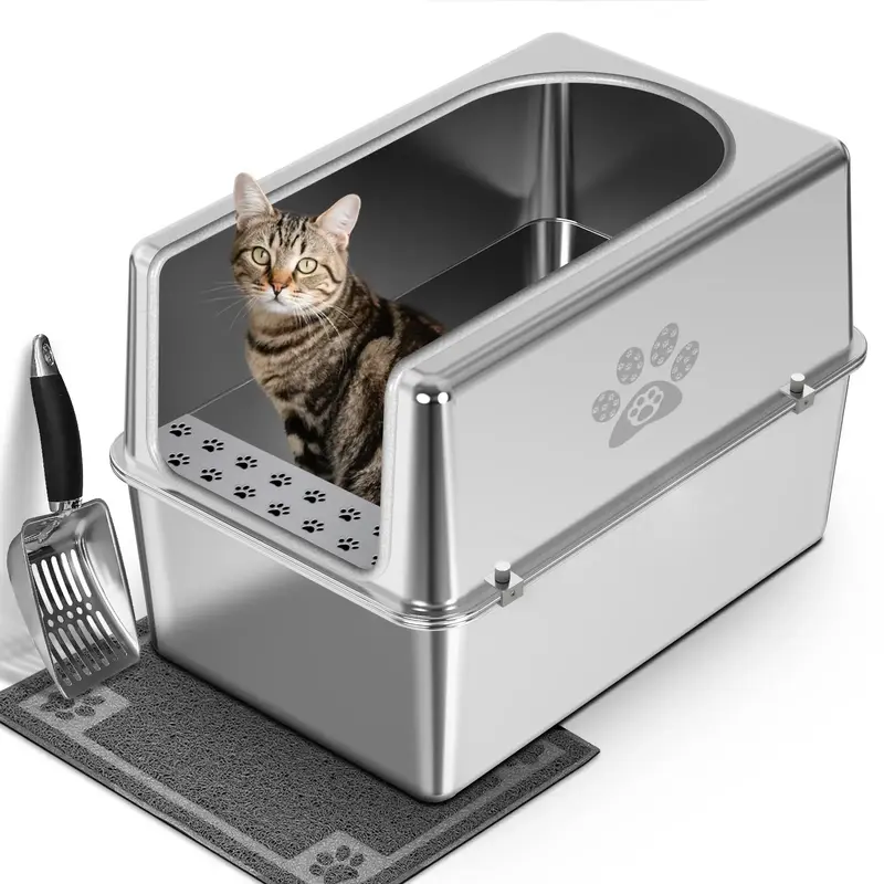 PTLOM Enclosed Stainless Steel Cat Litter Box with Lid, for Big Cats with High Side, Non-Stick, Anti-Leakage, Odorless, with ...