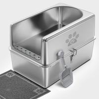 Ptlom Stainless Steel Cat Litter Box with Lid - Extra Large,High-Sided,Non-Stick,Odorless,Includes Mat & Scoop. Pet Supplies