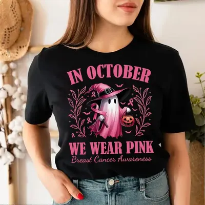 [100% Cotton] In October We Wear Pink Ghost Shirt, Halloween in October We Wear Pink, Breast Cancer Awareness Shirt, Pink Rib...