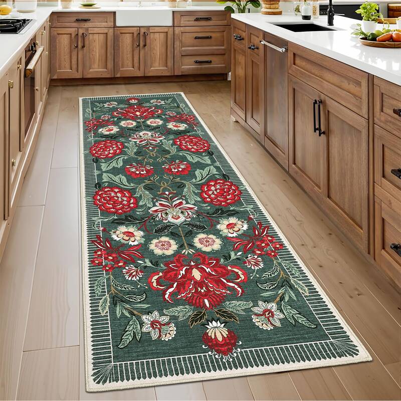 Garvee Indoor Washable Low Pile Runner Rug Grey Green Modern Printed Soft Non Slip Foldable Portable Living Room Bedroom